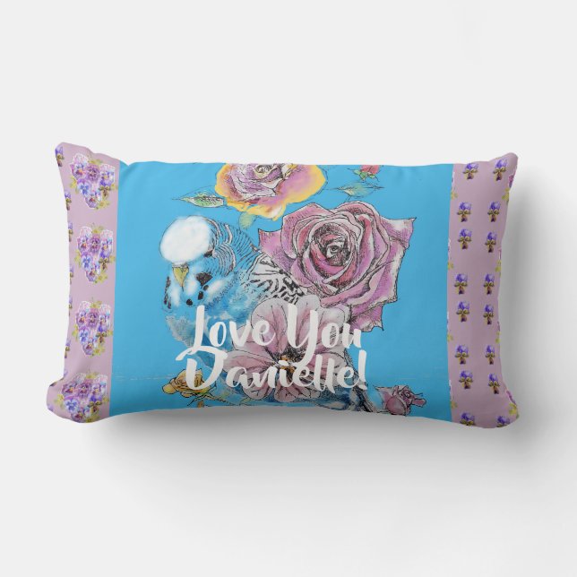 Blue Budgie lilac floral flowers Decor Cushion (Front)