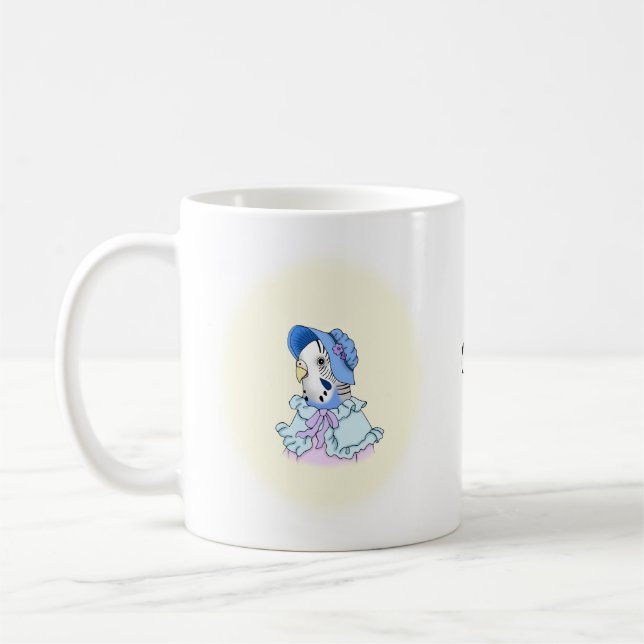 Blue Budgie Parakeet in Bonnet Cute Budgie Custom Coffee Mug (Left)