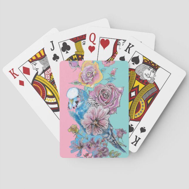 Blue Budgie Red Rose Flower Playing Aqua Cards Set (Back)