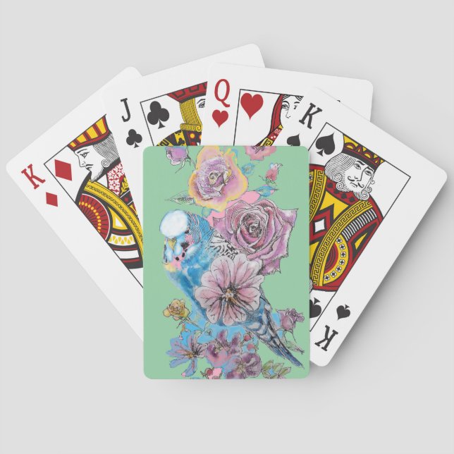 Blue Budgie Red Rose Flower Playing GreenCards Set Playing Cards (Back)