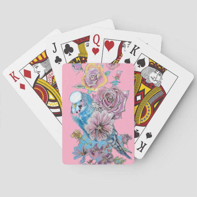 Blue Budgie Red Rose Flower Playing pink Cards Set (Back)
