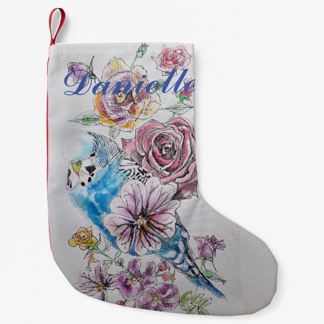 Blue Budgie Red Rose Flowers Floral Name Stocking (Front)
