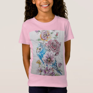 Blue Budgie & Red Rose flowers Girls T Shirt