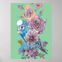 Blue Budgie Red Rose Green Watercolour art Poster