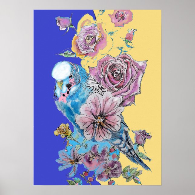 Blue Budgie & Red Rose Navy Watercolour art Poster (Front)
