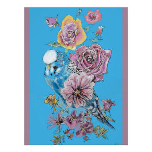Blue Budgie Red Rose Pastel Watercolour art Poster