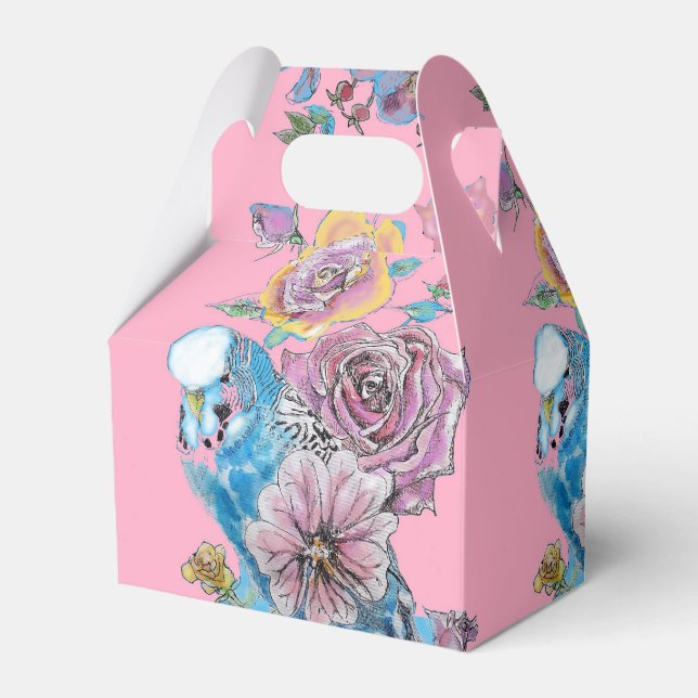 Blue Budgie & Rose Floral Party Cake Favor Box (Front Side)