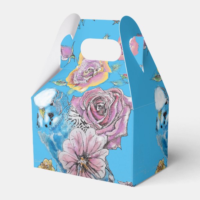 Blue Budgie & Rose Floral Party Cake Favor Box (Front Side)