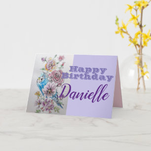 Blue Budgie & Rose Flower Happy Birthday Card
