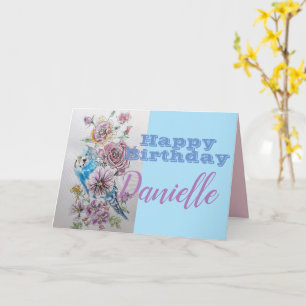 Blue Budgie & Rose Flower Happy Birthday Name Card