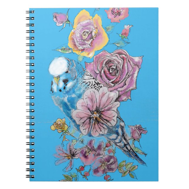 Blue Budgie Rose Watercolor Bird Notebook (Front)