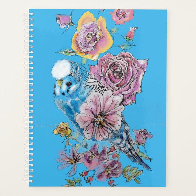 Blue Budgie Rose Watercolor Bird Planner (Front)