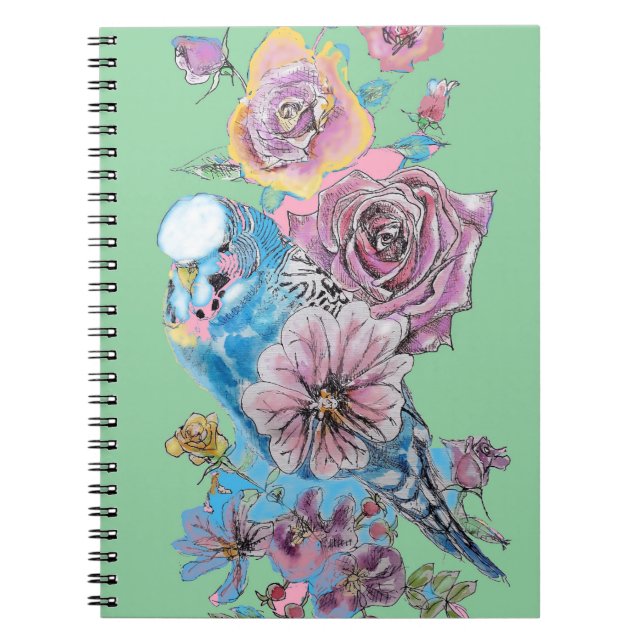Blue Budgie Rose Watercolor Green Bird Notebook (Front)