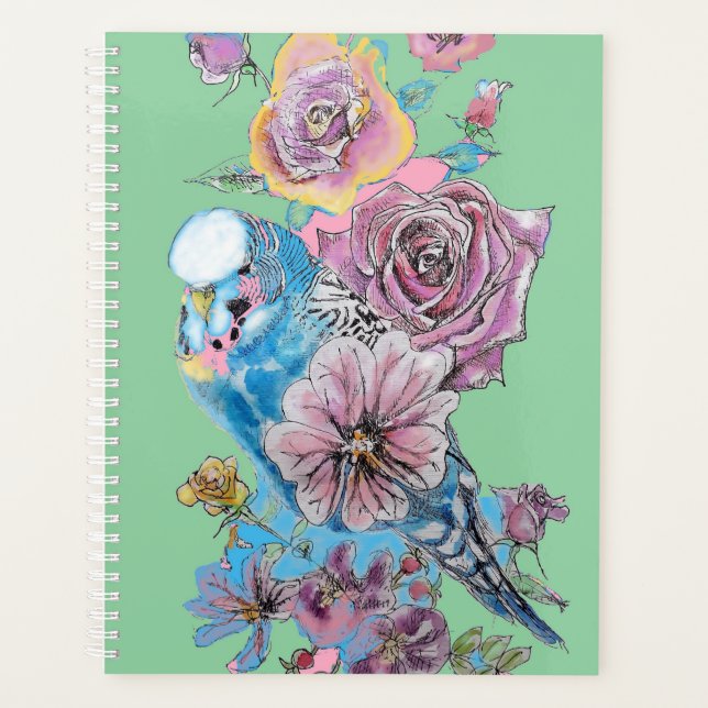 Blue Budgie Rose Watercolor Green Bird Planner (Front)