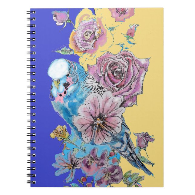 Blue Budgie Rose Watercolor Navy Bird Notebook (Front)