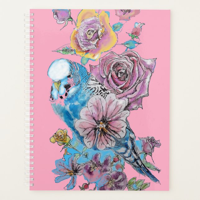 Blue Budgie Rose Watercolor Pink Bird Planner (Front)