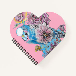 Blue Budgie Rose Watercolor Pink Heart Notebook