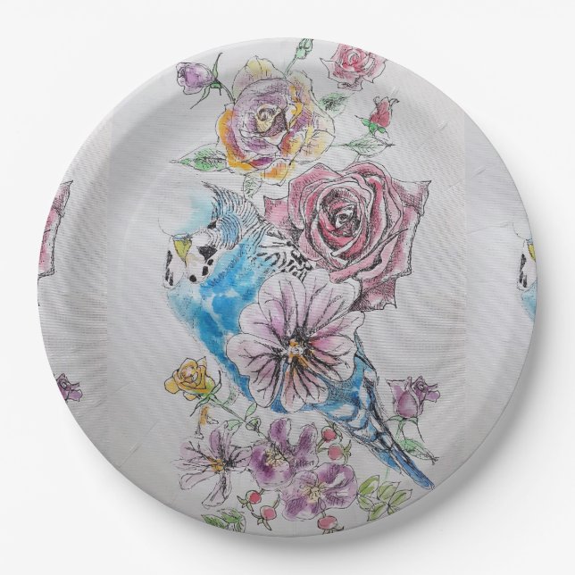 Blue Budgie & Roses Art Birthday Party Paper Plate