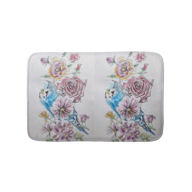 Blue Budgie & Roses Art floral flowers Bath Mat (Front)