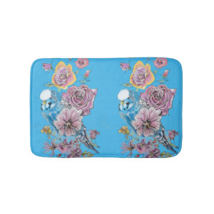 Blue Budgie & Roses Art floral flowers Bath Mat