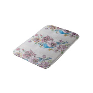 Blue Budgie & Roses Art floral flowers Bath Mat