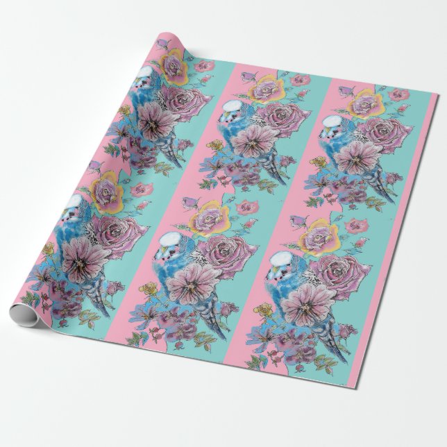 Blue Budgie Roses art flowers Budgies Parrot Pink Wrapping Paper (Unrolled)