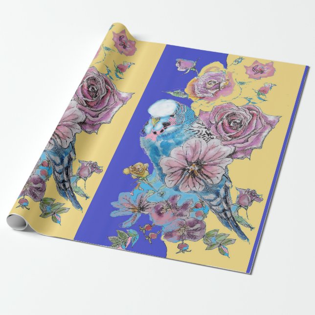 Blue Budgie Roses art flowers Watercolor Wrapping Wrapping Paper (Unrolled)