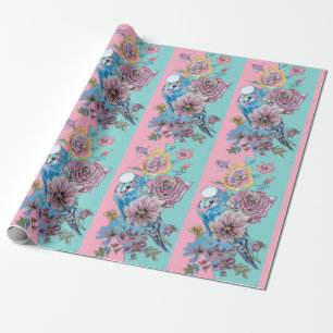 Blue Budgie Roses art flowers Watercolor Wrapping Wrapping Paper