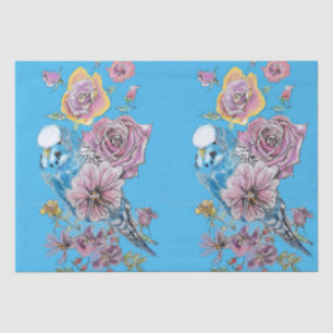 Blue Budgie Roses Floral Pattern Blue Tissue Paper