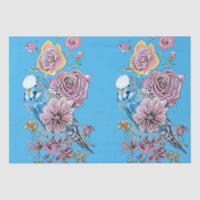 Blue Budgie Roses Floral Pattern Blue Tissue Paper (Front)