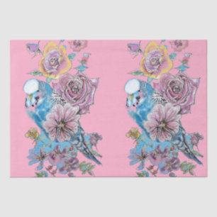 Blue Budgie Roses Floral Pattern Pink Tissue Paper
