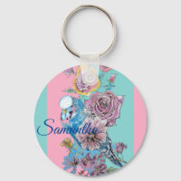 Blue Budgie & Roses Watercolor Girls Name Key Ring
