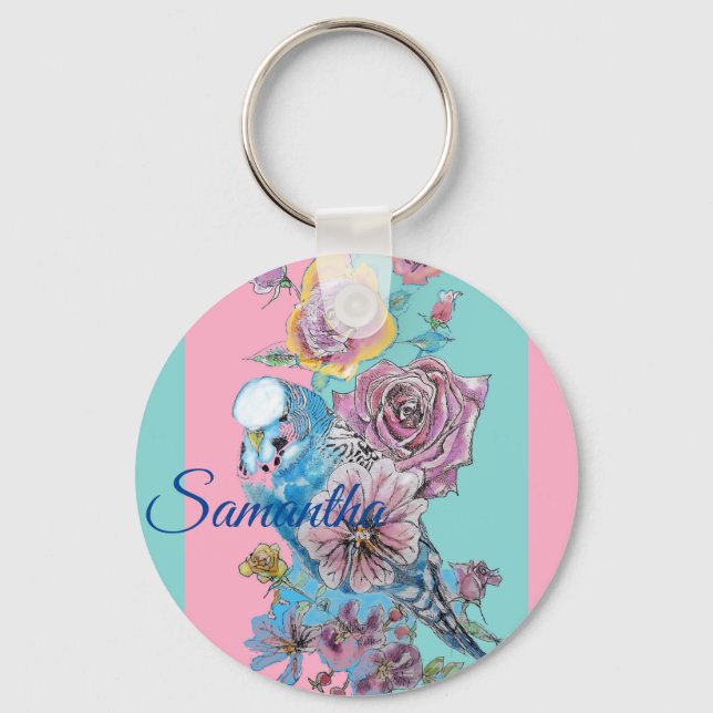 Blue Budgie & Roses Watercolor Girls Name Key Ring (Front)