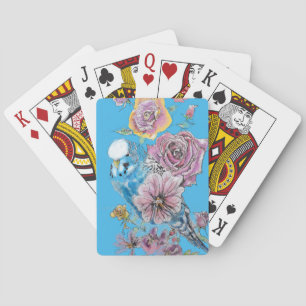 Blue Budgie Watercolor floral birds parrots Playing Cards