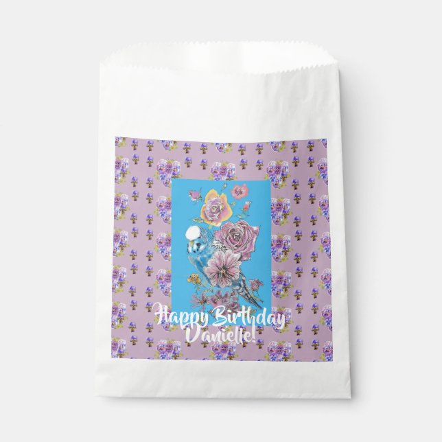 Blue Budgie Watercolor floral Girls Favor Bags (Front)