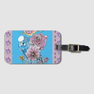 Blue Budgie Watercolor floral Girls Luggage Tag
