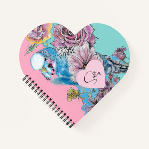 Blue Budgie Watercolor floral Girls Pink Aqua Notebook