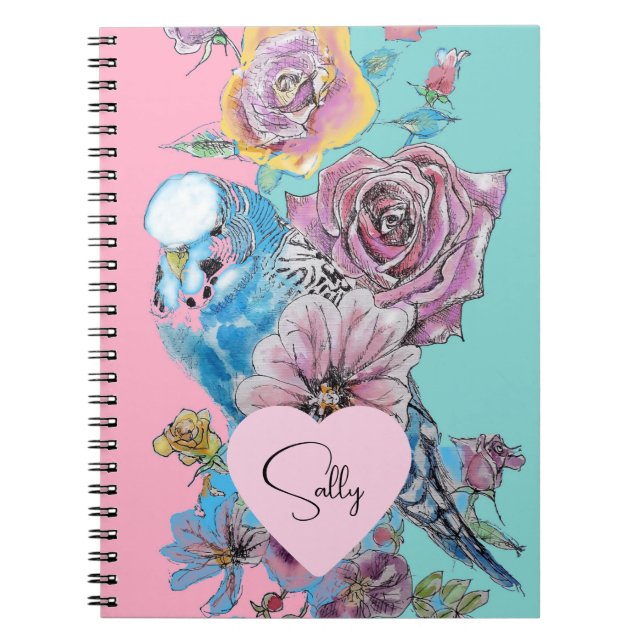 Blue Budgie Watercolor floral Girls Pink Aqua Notebook (Front)