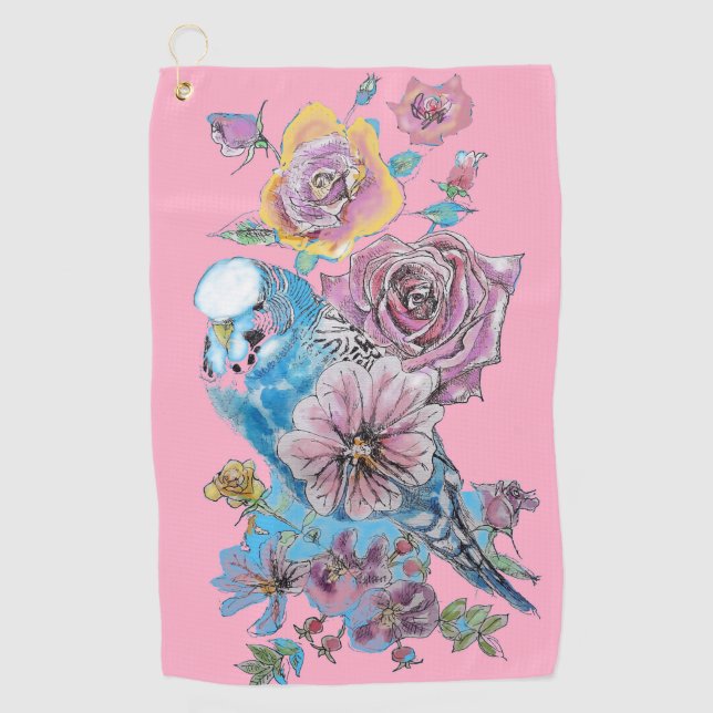 Blue Budgie Watercolor floral Girls Pink Golf Towel (Front)