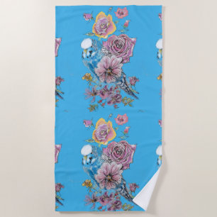 Blue Budgie Watercolor floral Girls Womans Blue Beach Towel