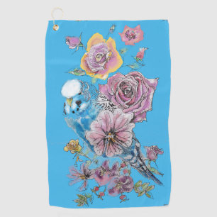 Blue Budgie Watercolor floral Girls Womans Blue Golf Towel