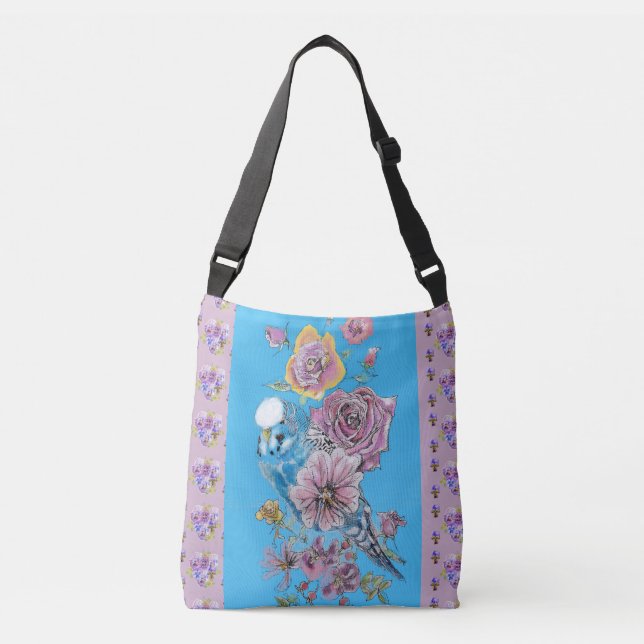 Blue Budgie Watercolor floral Ladies Art Tote Bag (Front)