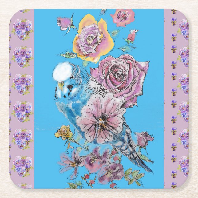 Blue Budgie Watercolor Lilac floral Paper Coaster (Front)