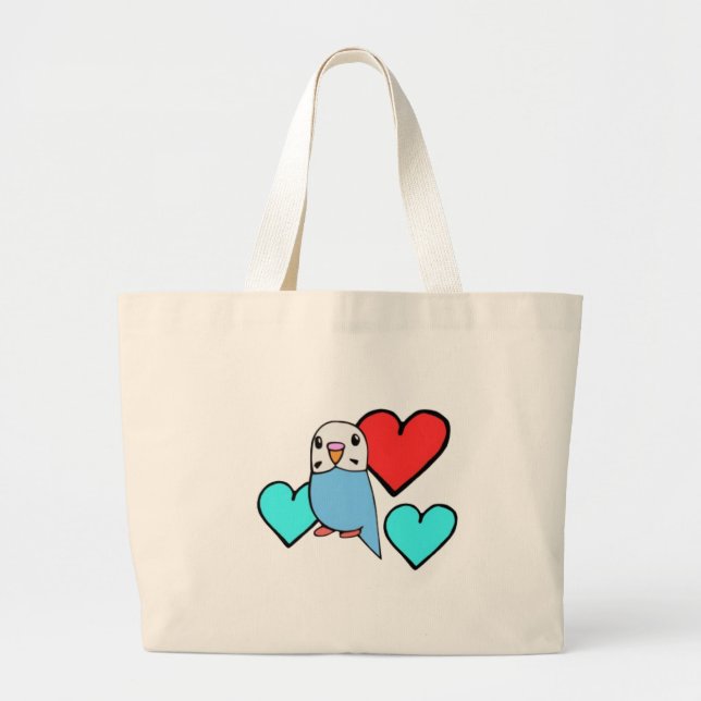 Blue Budgie with Hearts Large Tote Bag (Front)
