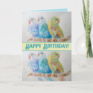Blue Budgies Watercolor Happy Birthday Budgie Aqua Card