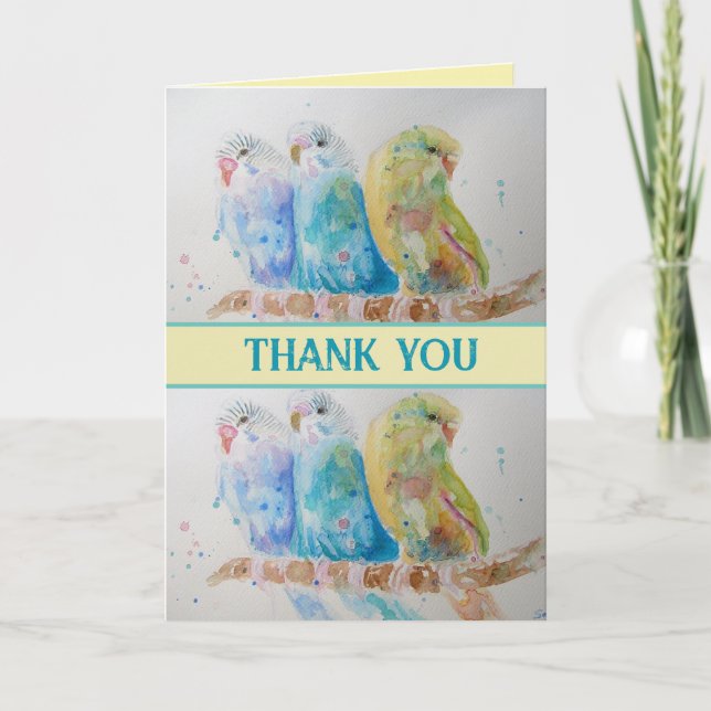 Blue Budgies Watercolor Thank You Budgie Aqua Card (Front)