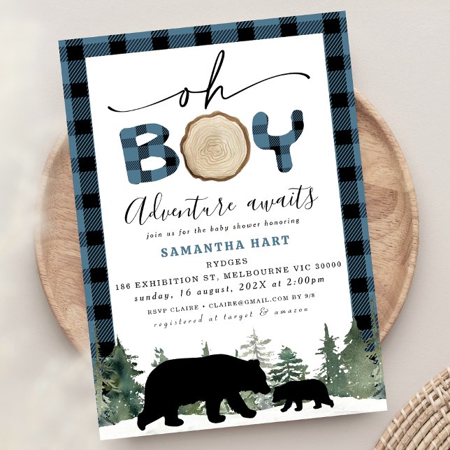 Blue Buffalo Check Lumberjack Baby Shower Invitation (Boys Blue Buffalo Check Lumberjack Baby Shower Invitation, Oh Boy Adventure Awaits baby Shower )