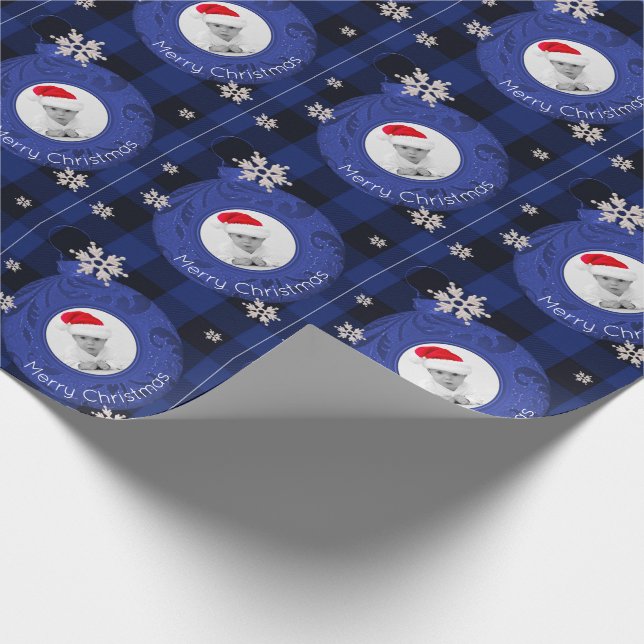 Blue Buffalo Check Merry Christmas Photo Wrapping Paper (Corner)