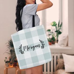 Blue Buffalo Check Monogram Modern Farmhouse Tote Bag