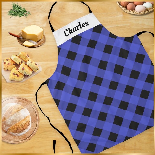 Blue Buffalo Check Personalised Christmas Kitchen Apron (A modern and stylish apron with blue buffalo plaid design. Personalize with a name at the top.)